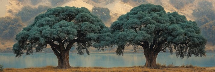 Fototapeta premium Two majestic trees by a serene lake