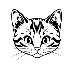 Cat Face Line Art Black and White, Feline Graphic Illustration