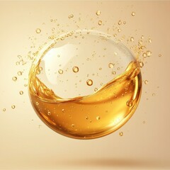 Golden liquid splash in transparent sphere on beige background captures motion and essence of luxury with soft lighting and elegant composition
