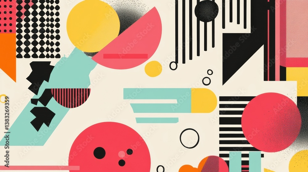 Leinwandbilder memphis-style pop-art background featuring colorful geometric food shapes and bold lines in a playfu