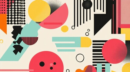 Memphis-style pop-art background featuring colorful geometric food shapes and bold lines in a playful arrangement