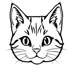 Outline illustration of a cat's head with ears, eyes, nose, and whiskers on a white background, black lines