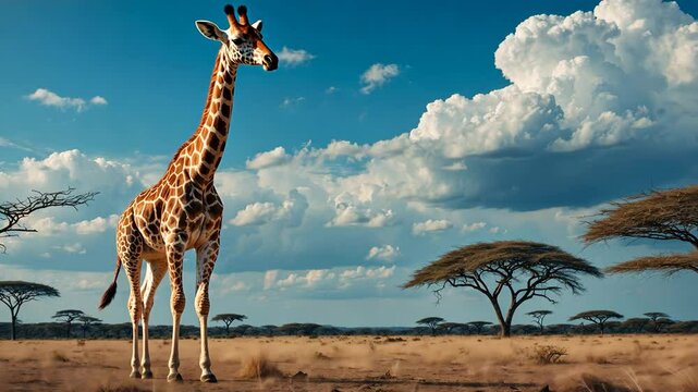 Giraffe strolling across the savanna beneath a blue sky with clouds.