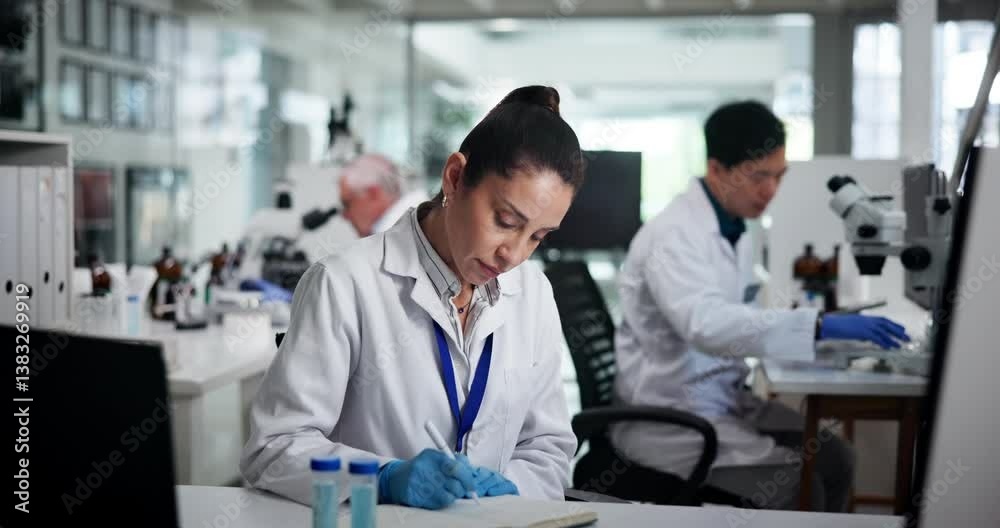 Poster writing, woman or scientist learning on computer for test research, development or innovation. medic