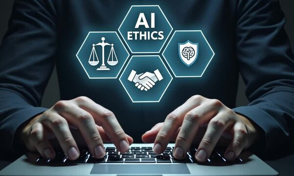 AI Ethics and Governance in Artificial Intelligence. Businessman touching with icons representing ethics, law, and governance in AI, importance of responsible AI usage, ethical decision-making