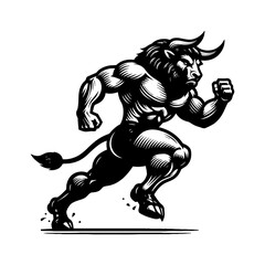 Powerful Bull Mascot Running in Black and White Engraved Illustration Style with Strong Expression