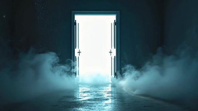 Glowing exit from a dim room, ajar door. Background, template.