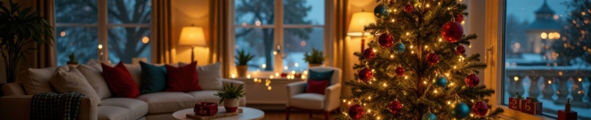 Festive Christmas tree in a modern living room with ornaments and garlands, christmas tree stand, winter interior
