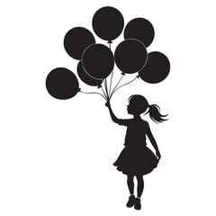 A black silhouette of a young girl holding multiple balloons, floating upwards.
 The girl is wearing a dress and has her hair tied in a ponytail. The background is plain white, and the balloons are ro