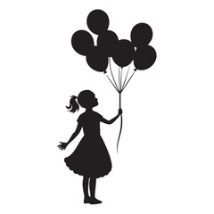 A black silhouette of a young girl holding multiple balloons, floating upwards.
 The girl is wearing a dress and has her hair tied in a ponytail. The background is plain white, and the balloons are ro