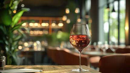 Wine glass is filled with red wine on a table in a restaurant. The atmosphere is cozy and inviting, with a potted plant in the background and a few chairs around the table