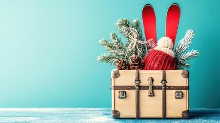 Vintage suitcase with skis, winter hat, pine branches, and pine cones against a teal background.