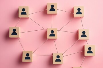 Connected team of people represented by wooden blocks