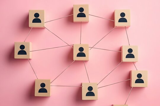 Connected team of people represented by wooden blocks