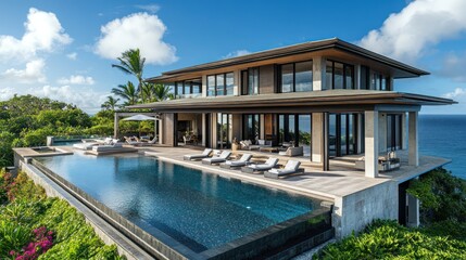 Fototapeta premium Oceanfront luxury villa, infinity pool, tropical island, sunny day, real estate