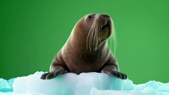 A harp seal pup rests on a chunk of ice against a green screen, concept for wildlife conservation and environmental awareness campaigns