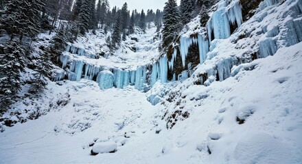 A mountain range after a heavy snowfall, with icicles hanging from cliffs