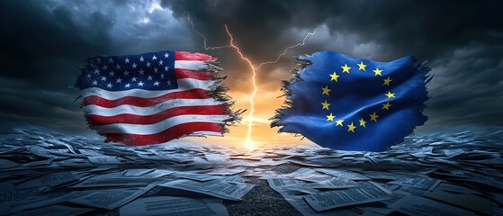 Intense trade conflict depiction with torn flags of usa and eu highlighting tariff disputes amid stormy skies for economic uncertainty themes