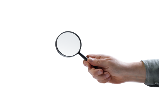  Hand with magnifying glass, isolated on free png background.