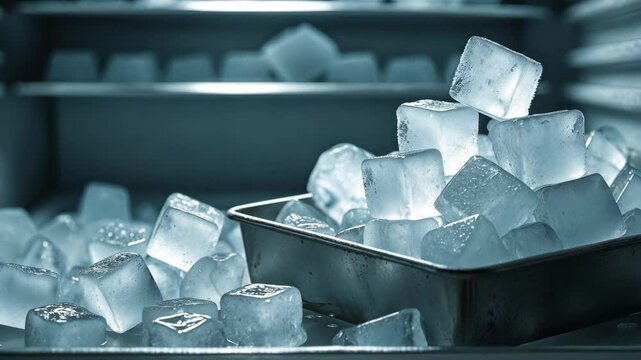 Frozen ice cubes stored in the freezer.