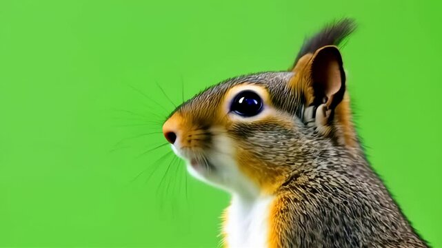 Close-up profile of an American red squirrel against a vibrant green background, concept for wildlife photography, nature documentaries, and environmental awareness campaigns