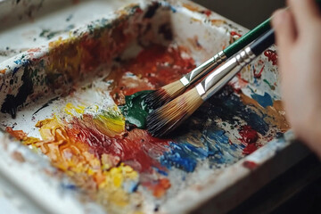 Fototapeta premium Cleaning paintbrushes in a sink after an art project in a creative workspace