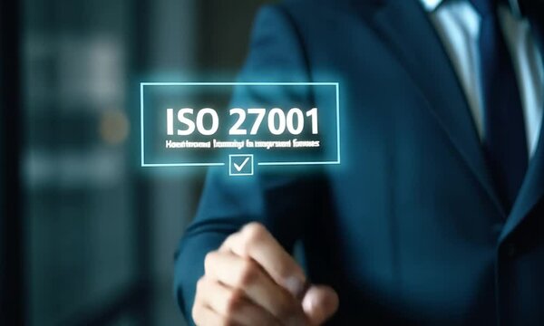 ISO 27001 concept. requirements, certification, management, standards. Businessman using tablet to choose ISO 27001 for information security management system (ISMS)