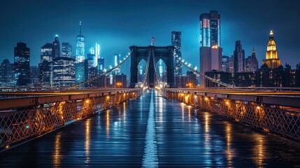 Nighttime Brooklyn Bridge, Manhattan skyline, rain, cityscape, travel