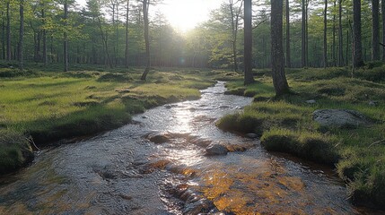 Fototapeta premium Sunlight streams through forest over a clear brook