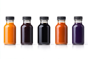 A clean product shot of barbecue sauces in transparent glass bottles with metal caps, isolated on a