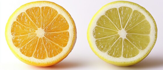 Obraz premium Vibrant Citrus Harmony Two Halved Fruits Lemon and Orange Juxtaposed on White Background Revealing Juicy Texture and Contrasting Colors in Studio Shot