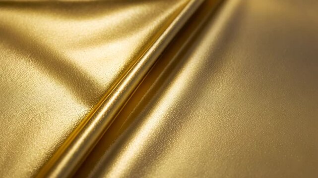 Gold background foil leaf metallic golden texture with reflective shiny wrapping paper, bright yellow wallpaper featuring smooth lines for design decoration elements.