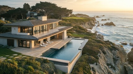 Fototapeta premium Oceanfront mansion sunset aerial view, cliffside pool, luxury real estate