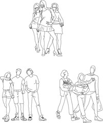 silhouette design vector illustration sketch image of young female fashion model gathering with friends
