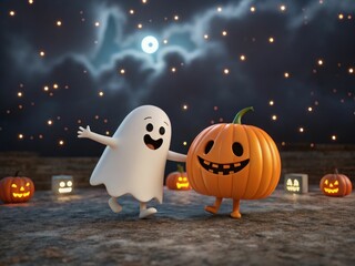 A cheerful ghost and a smiling pumpkin dance together amidst a backdrop of spooky decorations and a night sky.
