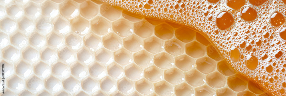 Poster a detailed macro shot of honey pooling under a comb, the honey dipper positioned diagonally on a