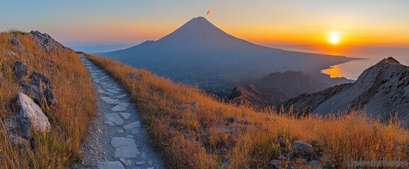 Obraz premium Mountain path at sunrise over a volcano