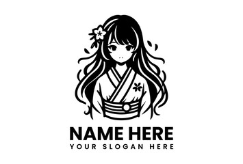 Elegant geisha portrait in circular frame with cherry blossoms, traditional Japanese cultural design for Asian-themed branding