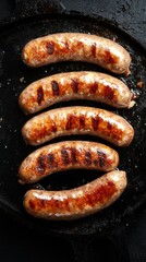 Delicious grilled sausages sizzling in a cast iron pan offering a tempting view of culinary perfection and rustic charm for food enthusiasts
