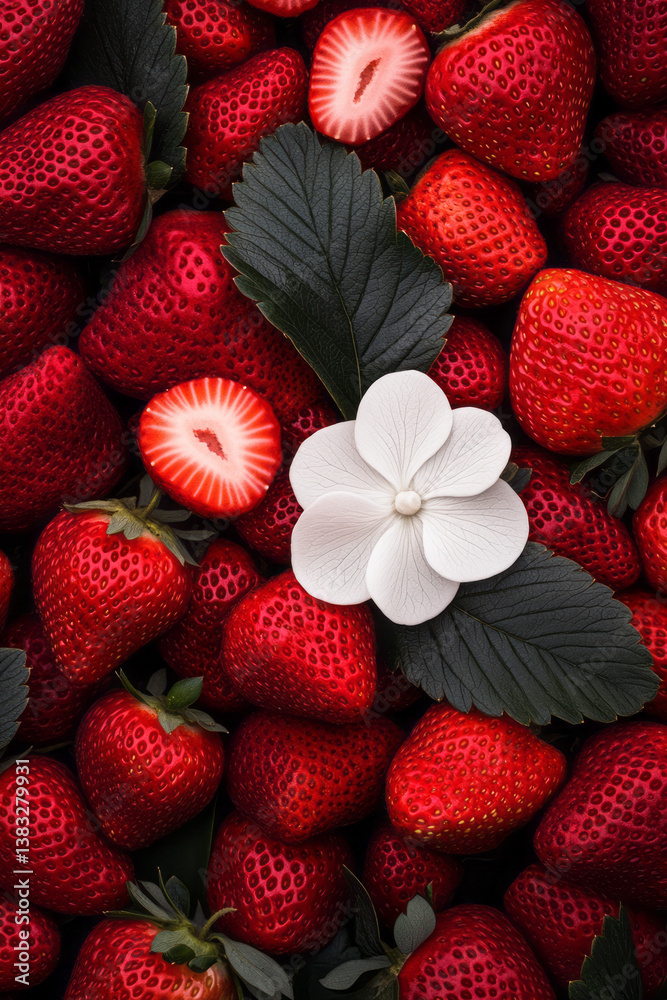 Poster a close-up macro shot of strawberries with detailed leaf texture and a crisp white strawberry