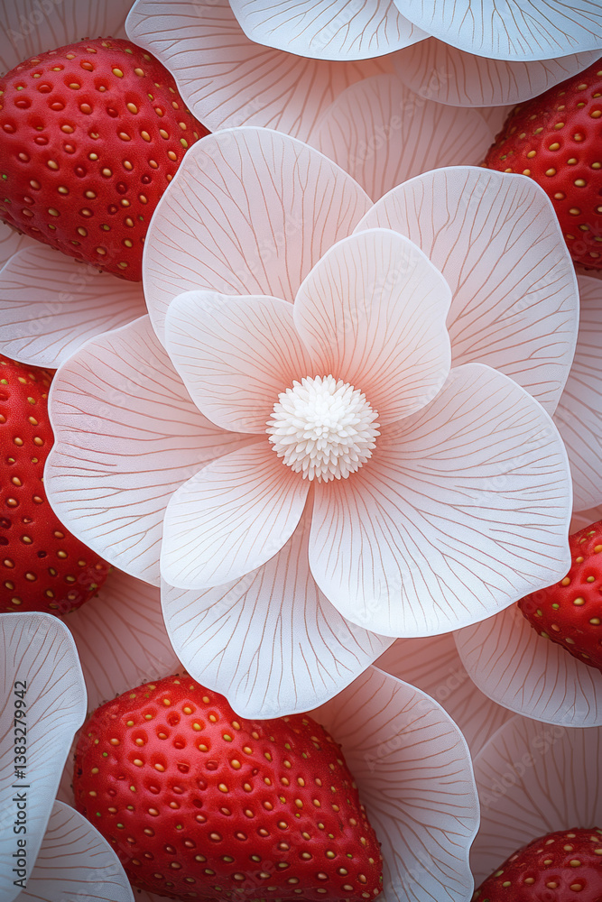 Poster a close-up macro shot of strawberries with detailed leaf texture and a crisp white strawberry