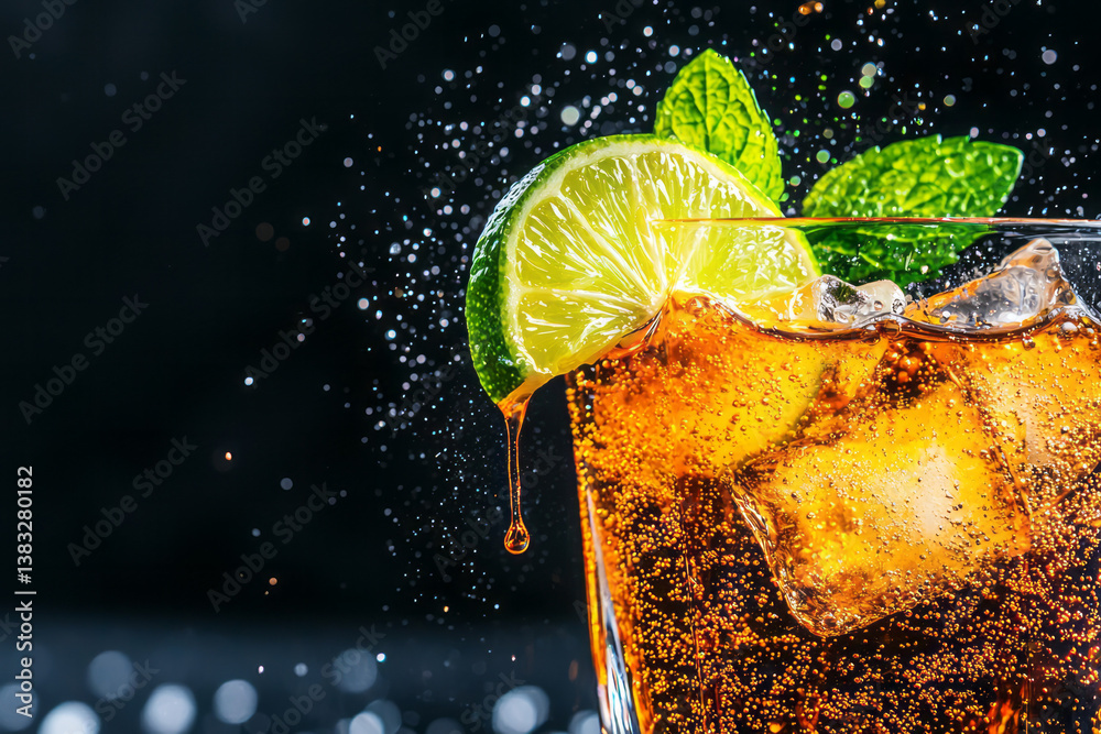 Aufkleber a close-up of fizzing cola in a transparent glass, lime juice dripping from a slice, mint leaves