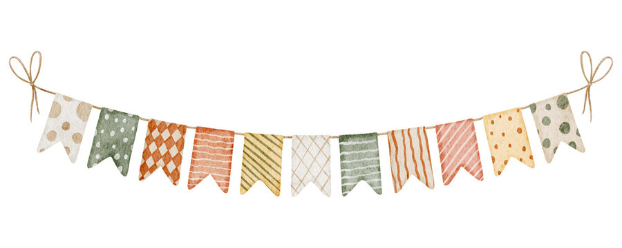 Pennants watercolor illustration in boho style. Drawing of Garlands with orange and yellow Flags for newborn party invitations or celebration greeting cards. Art for festivity string for baby design.