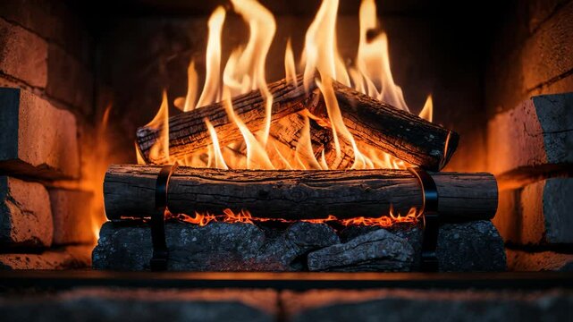 Radiant flames in a stone fireplace