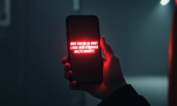 SMS spam, fake text message phishing from scammer concept. System hacked red warning alert, email hack, scam malware spreading virus on message alert virtual on mobile phone screen in person hand