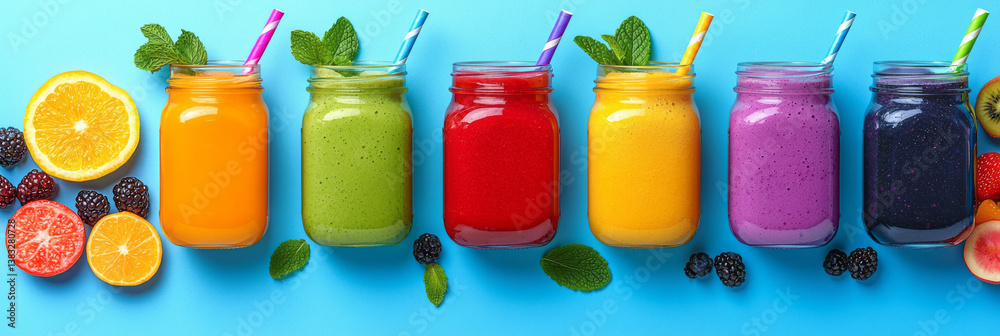 Poster a top-down view of fruit smoothies in mason jars with colorful straws, surrounded by sliced fruit