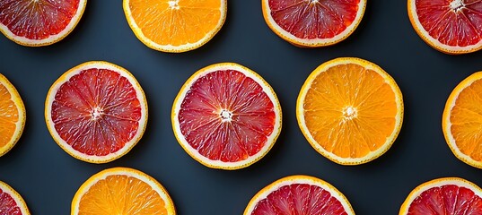 Vibrant Sliced Citrus Fruits in Orange and Pink Hues on Dark Background for Fresh Food Photography and Health Ads