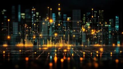 Obraz premium Futuristic city skyline with digital overlay