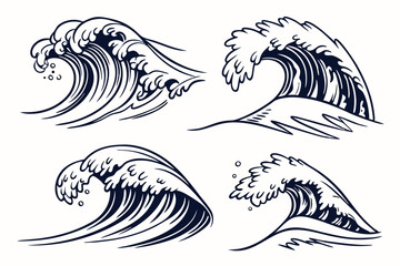 Obraz premium Sea waves sketch. Storm wave, vintage tide and ocean beach storms hand drawn vector and illustration set