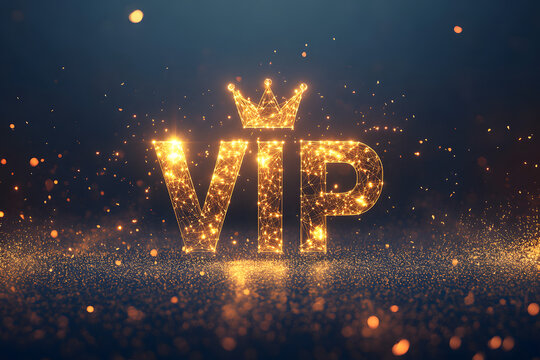 Golden VIP text with crown shining in glamorous lights, representing luxury, exclusivity, premium membership, royal treatment, elite status, and celebration of importance